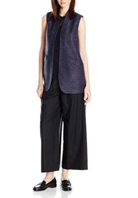 ANNE KLEIN Women's Sz 10 Sleeveless Top Dark Indigo Blue Vest Open Front $149 - Image 1 of 4