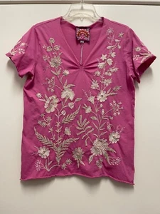 Neu mit Etikett Johnny Was Oberteil rosa Baumwolle Boho Blumen bestickt Kurzarm Medium $ 248 - Bild 1 von 7