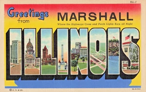 IL Marshall Illinois-Large Letters Greetings-Vintage 1938 Linen Postcard (E17) - Picture 1 of 4
