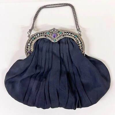 800银色珠宝晚装钱包黑色绉纱c1920 — 第 1/4 张图片