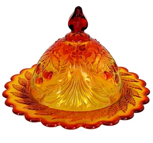 Vintage L. G. Wright Three Cherry Amberina Covered Butter Cheese Dish Red Yellow - Picture 1 of 7