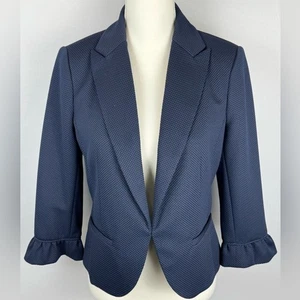 Amanda + Chelsea Blazer Navy Blue Slim Fit Ruffle Cuffs Stretch Size 8 Office - Picture 1 of 9