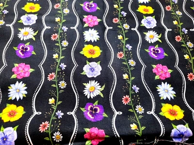 BTY Northcott Fabric 'Have a Beautiful Day' Black w/ Stripes of Colorful Flowers - Image 1 of 4