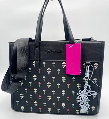 BETSEY JOHNSON XOBECA-N Black Satchel Purse Tote Bag Flowers and Bows NWT - Image 1 of 4