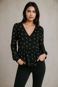 MAJE Leona Babydoll Bluse schwarz Print Gr. 2 halbtransparent V-Ausschnitt Oberteil MEDIUM - Bild 1 von 8