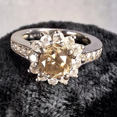 1.30 TCW Cognac & White Diamond Flower Cluster Ring 14k White Gold Size 5.25 - Image 1 of 4