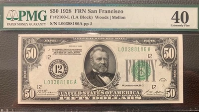 $50 1928 Federal Reserve Note San Francisco PMG 40 EF Fr# 2100-L (LA Block) - Image 1 of 4