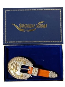Cuerno roto 1991 plata esterlina superpuesta trofeo cinturón hebilla correa de cuero - Imagen 1 de 7