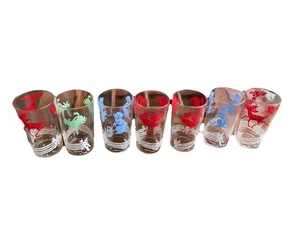 Set of 7 Vintage SWANKY SWIG Juice Glass Kiddie Cups KRAFT With Wooden Caddy MCM - Picture 1 of 4