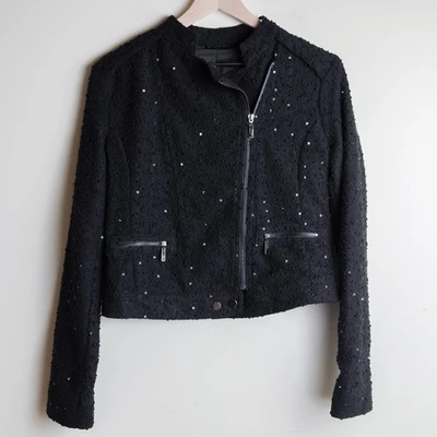 Chaqueta de Moto Forever 21 Lentejuelas M Negra Cremallera Asimétrica Vanguardista Vacaciones Sin Etiqueta de Talla Foto 1 de 4
