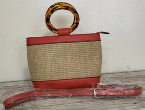 Atrie Straw Woven Handbag Red Faux Leather Tortoise Ring Handle Crossbody Strap - Picture 1 of 9