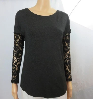 NUEVA Camiseta Bailey 44 Tejida Gris Oscuro con Mangas de Encaje Negro Talla XS NUEVA CON ETIQUETAS $149 Foto 1 de 4