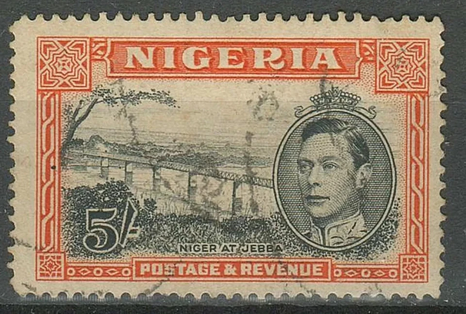 Nigeria 1938-51 KGVI 5/- Black & Orange Perf.14 ☀ Used - Image 1 of 2