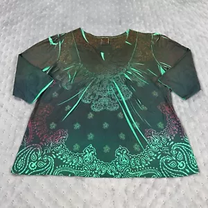 Ransom Shirt Women 18/20 Green Black V Neck Ruched 3/4 Sleeve Boho Goth Mall Y2K - Picture 1 of 11