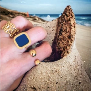 LUXE WATERPROOF steel Bezel Set Blue Cuff ring Gold Adjustable Rocks Boutique - Picture 1 of 5