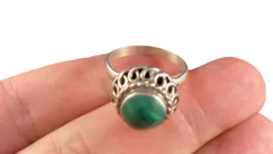 Vintage Mexico Sterling Silver & Malachite Ring Intricate Open Work Size 9.75 - Picture 1 of 6