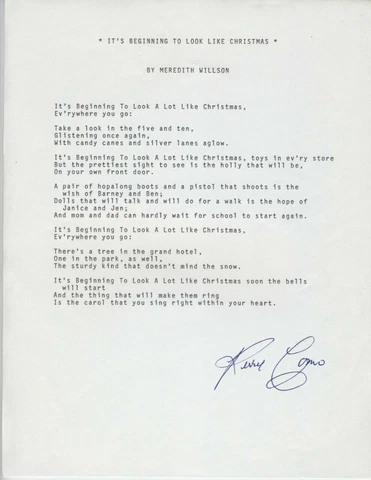 PERRY COMO SINGER TYPED QUOTE SIGNED BRGINNING LOOK LIKE CHRISTMAS ORIGINAL Cover