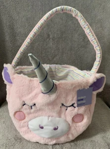 Pale Pink Unicorn Easter Basket, Plush Faux Fur Basket Lined Silver Horn NWT - Picture 1 of 7