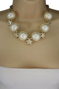Mujeres Collar Corto Crema Oro Estrella Metal Gran Bola Cuentas Moda Joyería Pendientes - Imagen 1 de 8