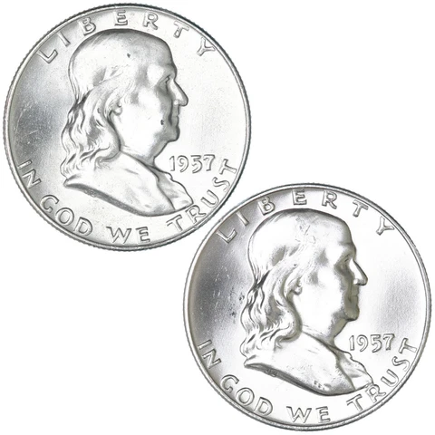 1957 P D Franklin Half Dollar 90% Silver BU 2 Coin Year Set Cover