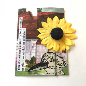 ACEO Orig Collage Mixed Media 2.5x3.5" Roadrunner Sunflower Card OOAK PETRICHOR
