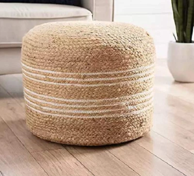 Pouf Cover Ottoman Jute & Cotton Braided Home Decor living Room Foot Stool Cover - Image 1 of 4