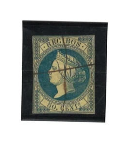 1862 Spain 50c. Blue Green on Yellowish Revenue. Used. Pen Cancel. Hinge - Picture 1 of 2