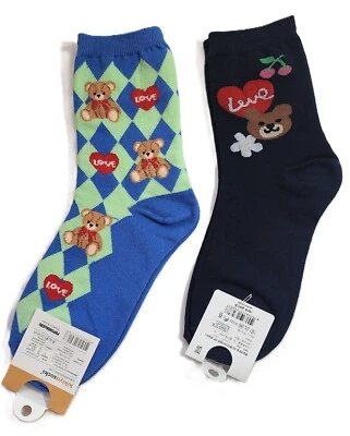 Kikiya Calcetines Oso de Peluche Mujer Coreano Novedad Lote de 2 Pares en Azul con Amor Foto 1 de 4