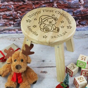 Happy First Christmas Stool Personalised Child’s Wooden Baby Chair 1st Xmas - Picture 1 of 14