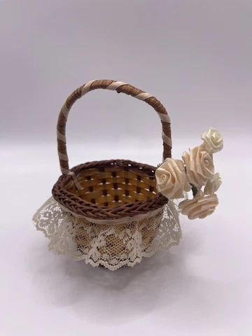 Vintage Mini Tiny Flower Girl Rattan Basket Rose Bouquet Lace Cottage Decor Cover