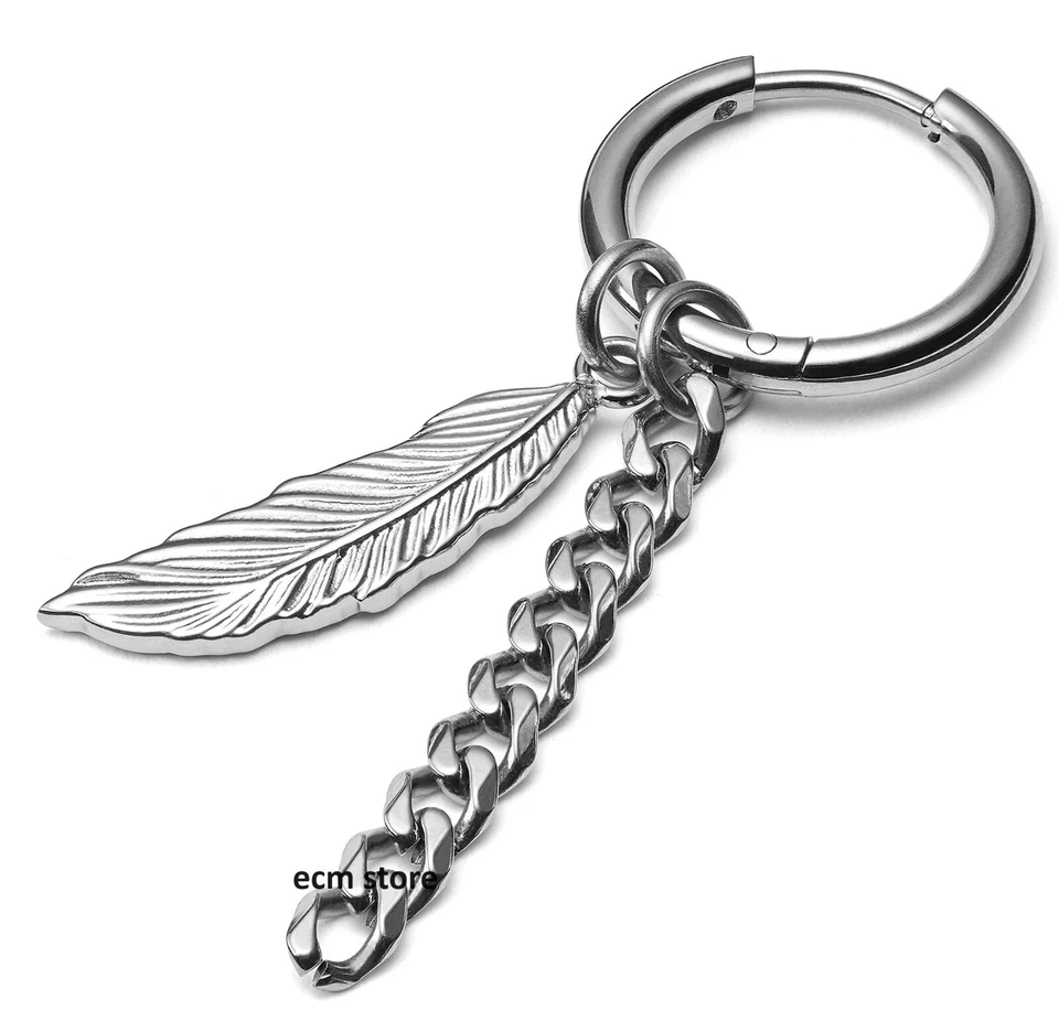 LUCLEON Boucle d'oreille en Acier ARGENTÉ avec Pendentif Plume et Chaîne /EBPV - Photo 1/1