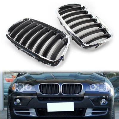 Frame Shiny Black Slat Grill Grille For BMW X5 X6 E70 E71 2008-2013 Chrome Pair - Изображение 1 из 4