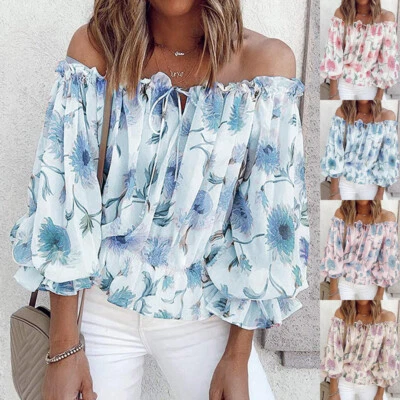 Women's Lace-up Bardot Off Shoulder Blouse Floral Chiffon Loose Tops Tee Shirts - Image 1 of 4