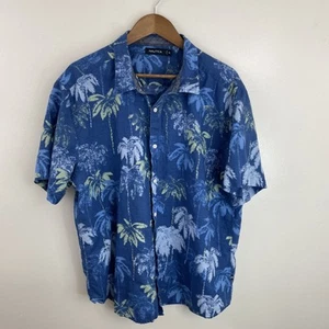 Nautica Linen Cotton Shirt Mens 2XL XXL Blue Tropical Print Short Sleeve Button - Picture 1 of 12