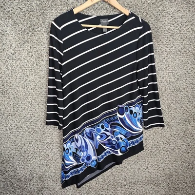 Chicos Travelers Top Womens 0 US Small Black Blue Tunic Scoop Neck Striped - Image 1 of 4