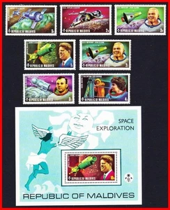 MALDIVE IS. Kennedy & Space 1974 conjunto de 7 + S/S SC#479 MNH proyecto Apollo - Imagen 1 de 1