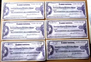 SECHS 1983 ABBEY NATIONAL AMERICAN EXPRESS US $20 TRAVELLERS' CHEQUES, signiert - Bild 1 von 5
