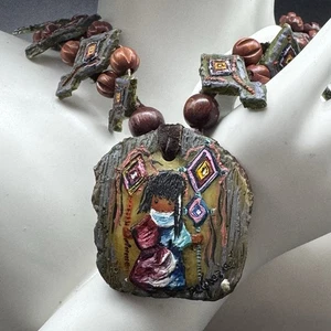 DeGrazia Signed Hand-Painted Pendant Necklace | 70s Blessings Art Jewelry - Picture 1 of 16