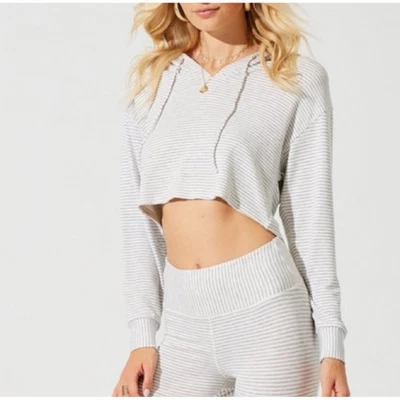 Beach Bunny Womens Lounge Cameron Striped Cropped Hoodie Size S Gray White - Image 1 of 4