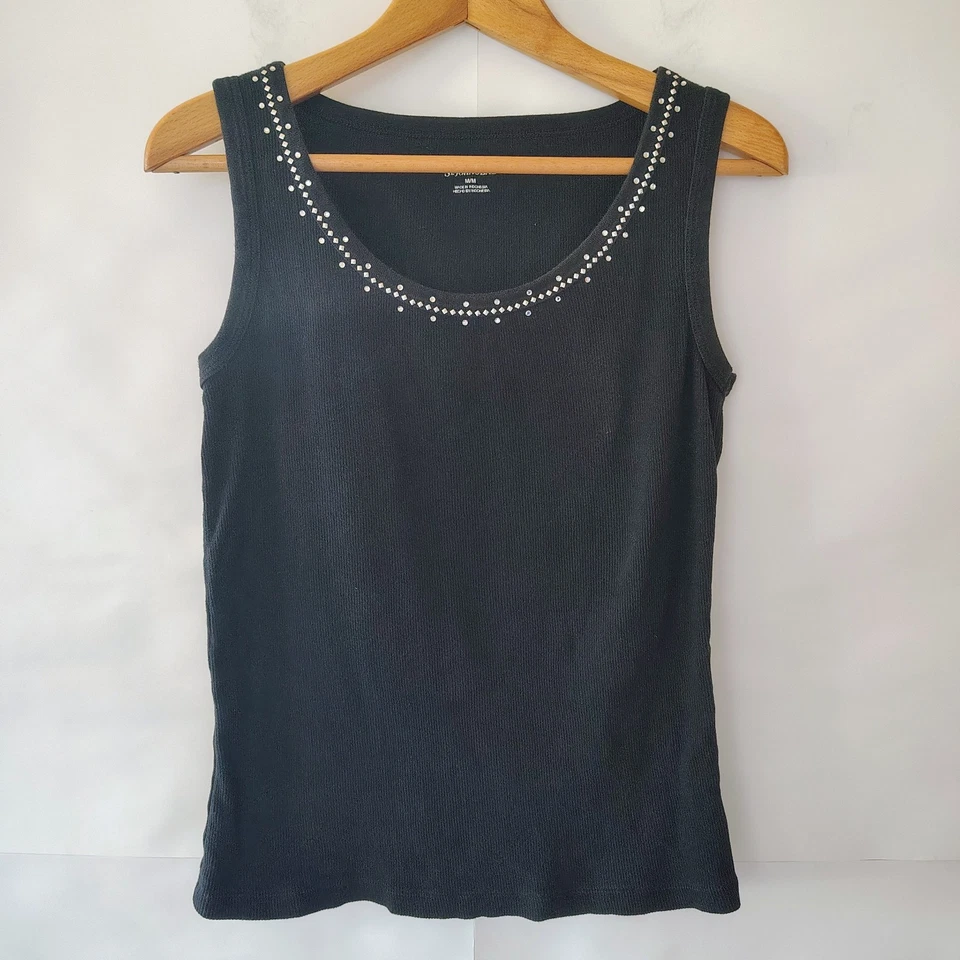 St Johns Bay Womens Ribbed Tank Sz L Y2K Rhinestone Bling Fitted Layering Goth - Image 1 of 4