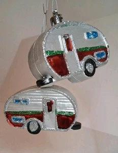 Christmas Ornament TEARDROP RV CAMPER   Two Plastic & Glitter  Ornaments  2.5" - Picture 1 of 8