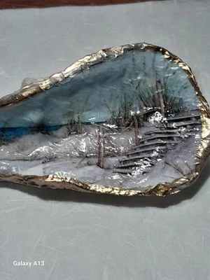 Handcrafted Decoupaged  Beach Landscape-Large Oyster Shell W/ GoldAccents - Image 1 of 4