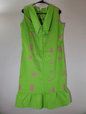 Vintage 1960s/70s "Vested Gentress" Dress~Green,Pink w/Fish, Wine, Sun Designs  - Image 1 of 4