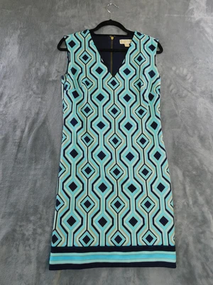 Michael Kors Dress Womens Small Geometric Sleeveless Sheath Stretch Blue Retro - Image 1 of 4