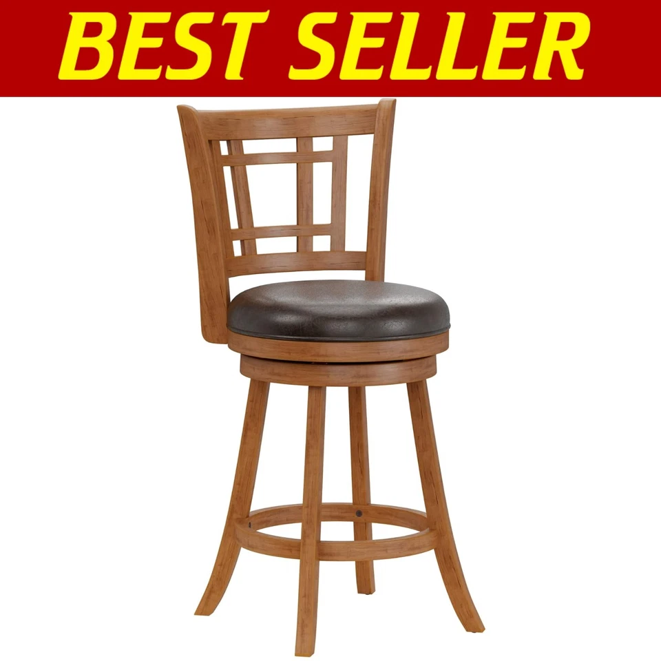 Transitional Oak Swivel Stool with Comfortable Lattice Back for Home Bars - Image 1 of 4
