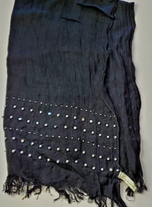 Collection Eighteen Shawl Wrap Black Solid Silver Studs Fringe 22x 70" Metal 80s - Picture 1 of 7