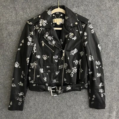Jaqueta Michael Kors Feminina Média Preta Couro de Cordeiro Floral Moto Fivela Motociclista - Imagem 1 de 4