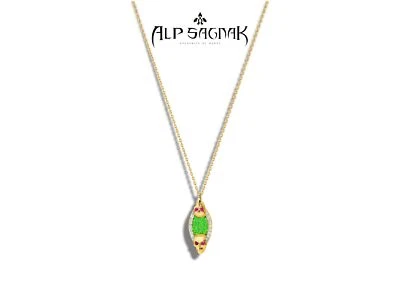 Alp Sagnak Necklace 14 K Yellow Gold Skull Pendant Diamonds Rubies Green Mosaic - Image 1 of 4