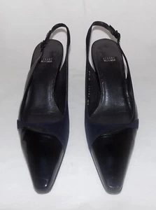 Zapatos de salón Stuart Weitzman azul marino charol y tela con detalle de recorte con cordones 8 AA - Imagen 1 de 6