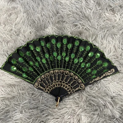 Vtg Asian Folding Hand Fan Green Black Fabric Embroidered Sequin Embellished - Image 1 of 4